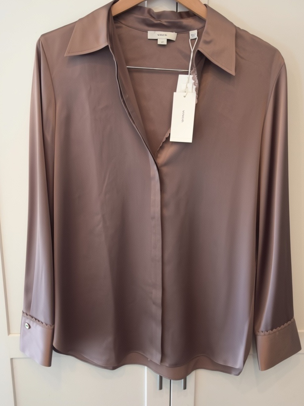 Vince Taupe Mauve Lace-Trim Silk Relaxed Shirt Top Blouse SP NWT